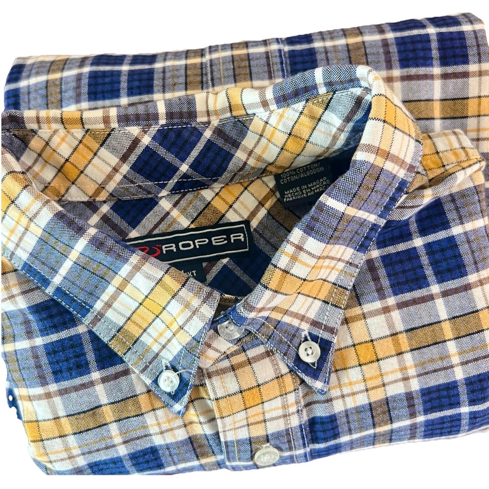 Roper Men's Button Shirt Size 1XT Blue Yellow‎ Plaid Long Sleeve Casual Cowboy